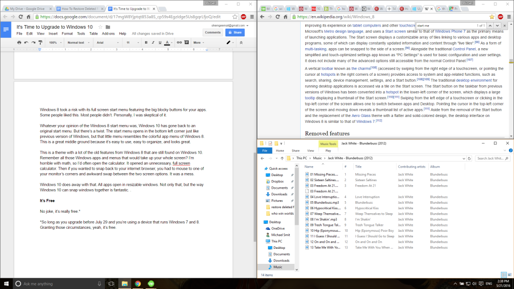 My use of snap windows while writing this article